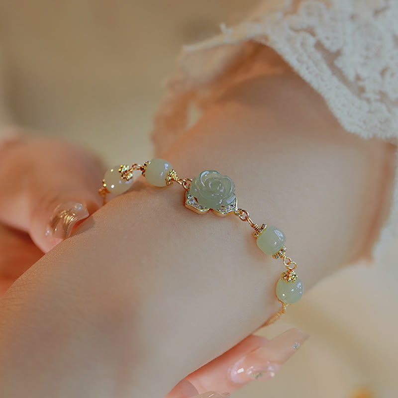 KarmaRipple's 14K Gold Plated Hetian Jade Rose Flower Fortune Chain Bracelet p5