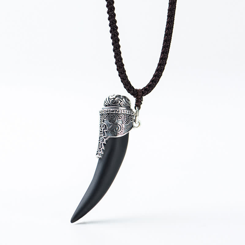 KarmaRipple's 925 Sterling Silver Black Obsidian Wolf Tooth Pattern Strength Pendant Necklace p14