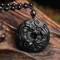 KarmaRipple's Authentic Black Obsidian Peace Buckle Pixiu Bead Rope Strength Pendant Necklace