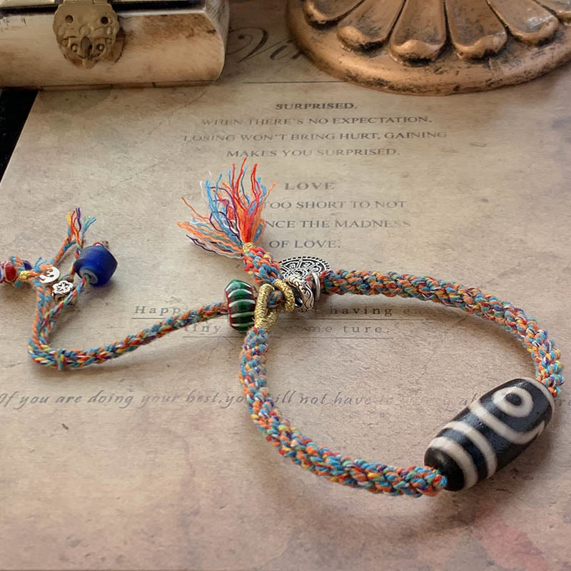KarmaRipple's Tibetan 925 Sterling Silver Om Mani Padme Hum Handmade Dzi Bead Protection Braid Bracelet p16