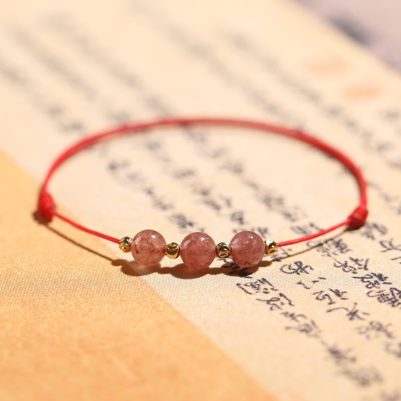 KarmaRipple's Authentic Strawberry Quartz Gemstone Love Red String Weave Bracelet Anklet ( p25