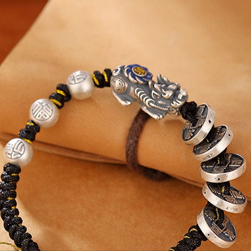 KarmaRipple's 999 Sterling Silver FengShui PiXiu Bronze Coin Fu Character Wealth Woven Bracelet p6
