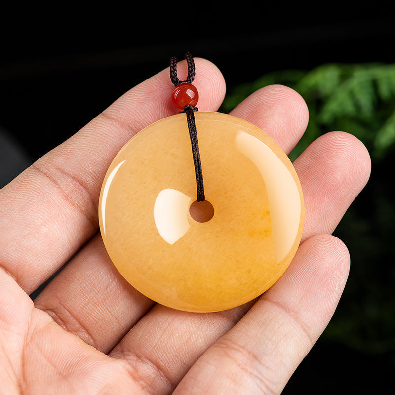 KarmaRipple's Round Golden Silk Jade Peace Buckle Wealth Necklace Pendant p4