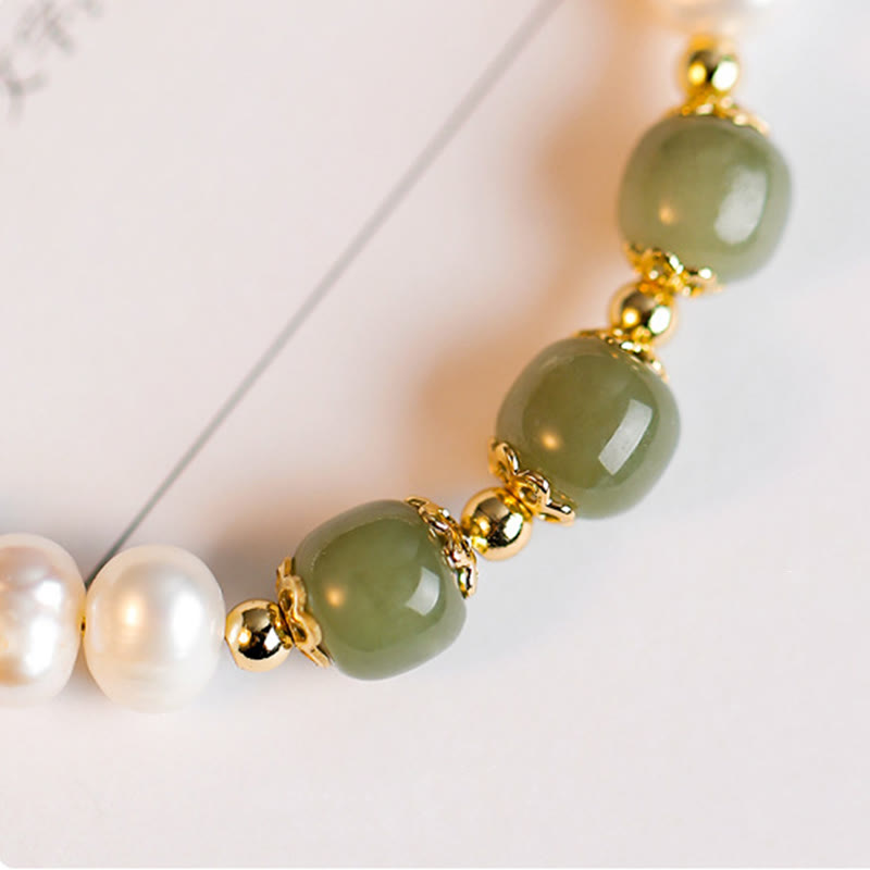 KarmaRipple's 14K Gold Plated Authentic Pearl Hetian Cyan Jade Ivory Jade Sincerity Bead Chain Bracelet p6