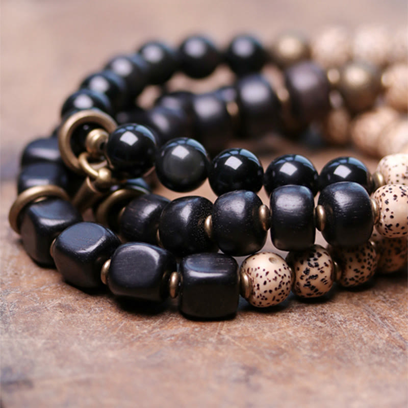 KarmaRipple's Tibetan Bodhi Seed Black Obsidian Ebony Wood Bronze Peace Bracelet p12