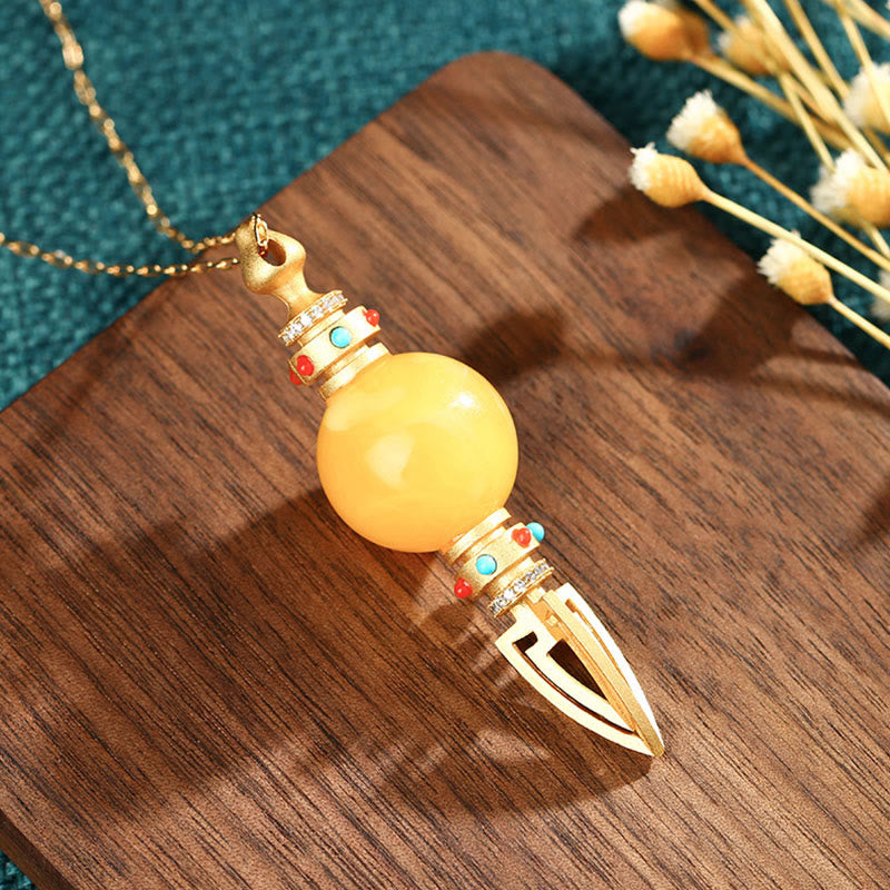 KarmaRipple's 24K Gold Plated Amber Dorje Vajra Clear Anxiety Pendant Necklace p2
