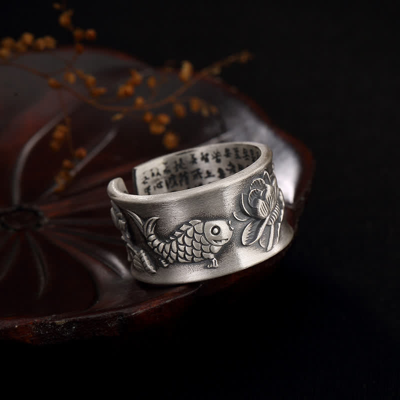 KarmaRipple's 999 Sterling Silver Fortune Koi Fish Lotus Heart Sutra Wealth Ring p1