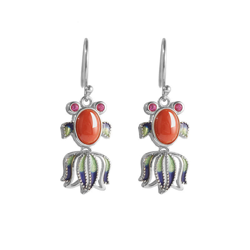 KarmaRipple's 925 Sterling Silver Hetian Ivory Jade Red Agate Cute Fish Happiness Drop Earrings p9