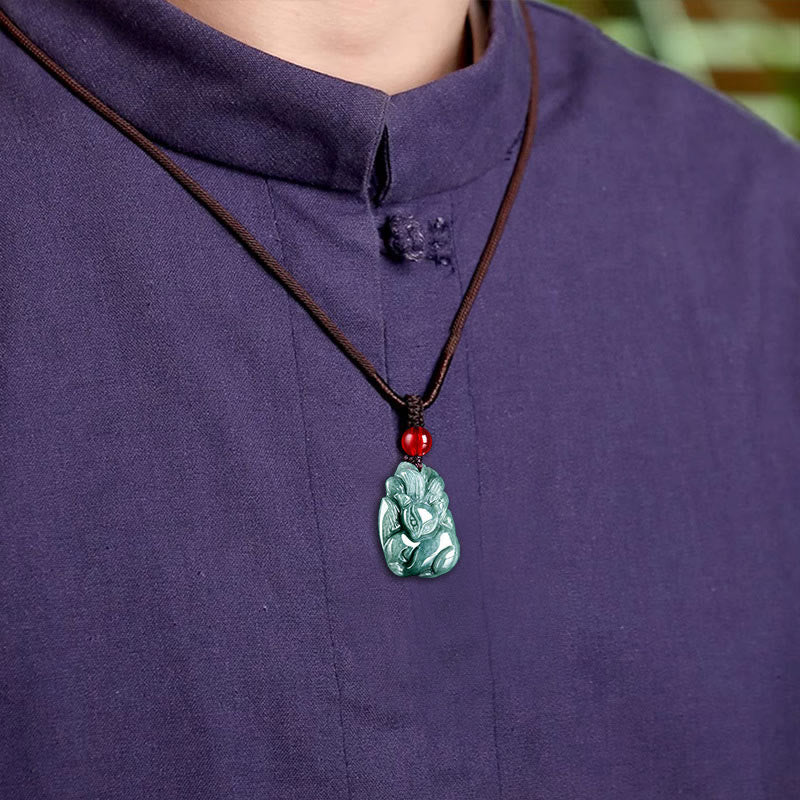KarmaRipple's Authentic Green Jade Nine Tailed Fox Engraved Prosperity Pendant Necklace p9