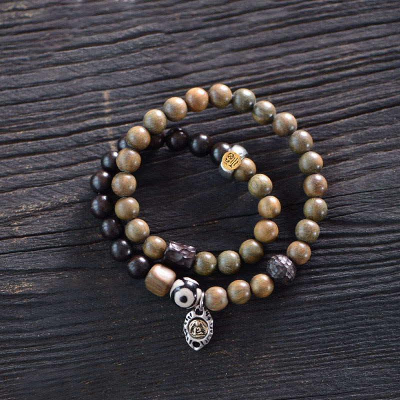 KarmaRipple's Tibetan Green Sandalwood Ebony Wood Three-eyed Dzi Bead Fu Character Balance Peace Double Wrap Bracelet p14