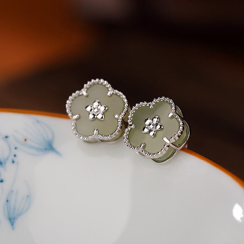 KarmaRipple's 925 Sterling Silver Hetian Jade Plum Flower Fortune Stud Earrings p3