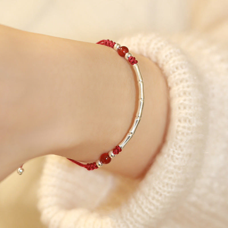 KarmaRipple's 925 Sterling Silver Bamboo Ivory Agate Red Agate Bead Protection String Woven Bracelet p15