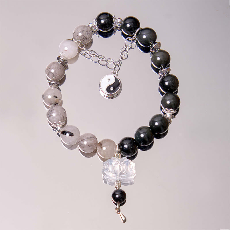 KarmaRipple's Silver Sheen Obsidian Crackle Clear Quartz Black Rutilated Quartz Yin Yang Lotus Protection Bracelet p25