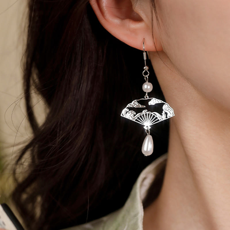 KarmaRipple's Bronze Fan Auspicious Clouds Pearl Balancing Drop Earrings p9