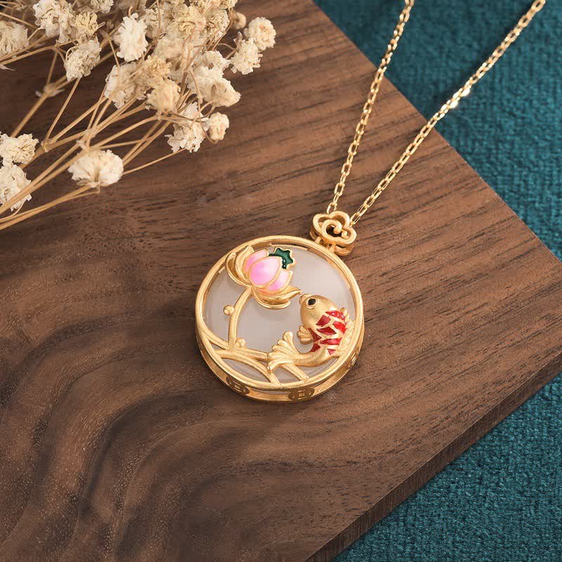KarmaRipple's Ivory Jade Koi Fish Lotus Blessing Pendant Necklace p3