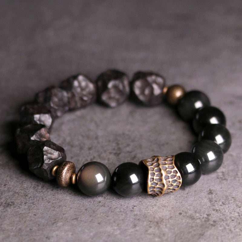 KarmaRipple's Black Obsidian Ebony Wood Bronze Strength Pair Bracelet p17
