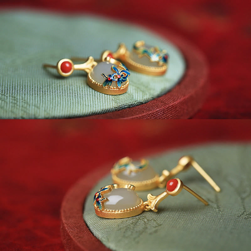 KarmaRipple's Vintage Jade Red Agate Abundance Bronze Drop Earrings p5