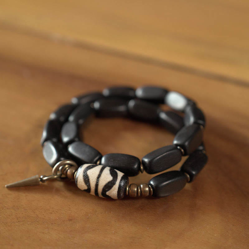 KarmaRipple's Tibet Ebony Wood Dzi Bead Bronze Balance Double Wrap Bracelet p11