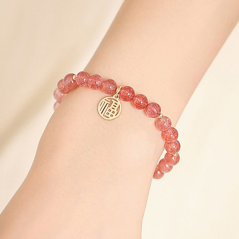 KarmaRipple's 14K Gold Plated Strawberry Quartz Fu Character Balancing Talisman Bracelet p3