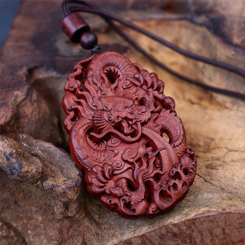 KarmaRipple's Lightning Struck Jujube Wood Double Dragon Relief Ward Off Evil Spirits Pendant Necklace p4
