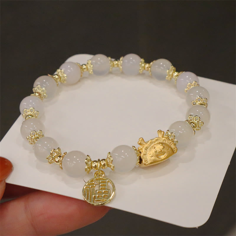 KarmaRipple's Year Of The Dragon Red Agate Strawberry Quartz Black Obsidian Jade Garnet Pearl Cinnabar Dumpling Dragon Fortune Fu Character Bracelet p44