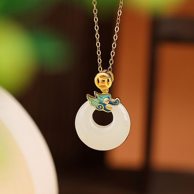 KarmaRipple's 925 Sterling Silver Plated Gold Year of the Dragon Hetian Jade Peace Buckle Bronze Coin Abundance Pendant Necklace p1