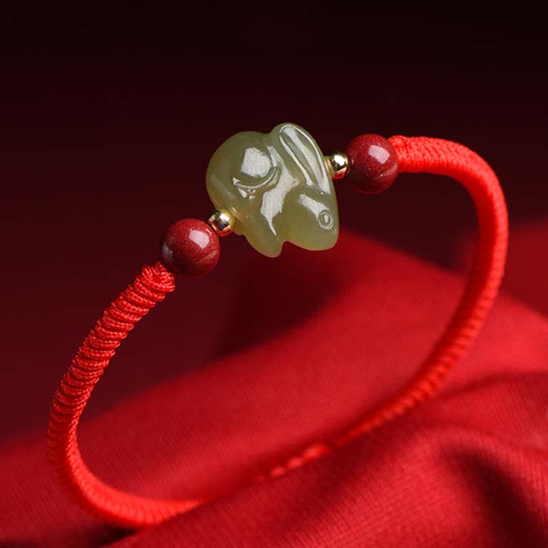 KarmaRipple's Year of the Rabbit Hetian Jade Bunny Cinnabar Beaded Abundance String Bracelet p1