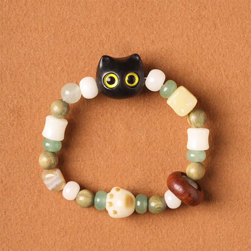 KarmaRipple's Bodhi Seed Green Sandalwood Ebony Wood Small Leaf Red Sandalwood Cat Head Paw Claw Peace Bracelet p23
