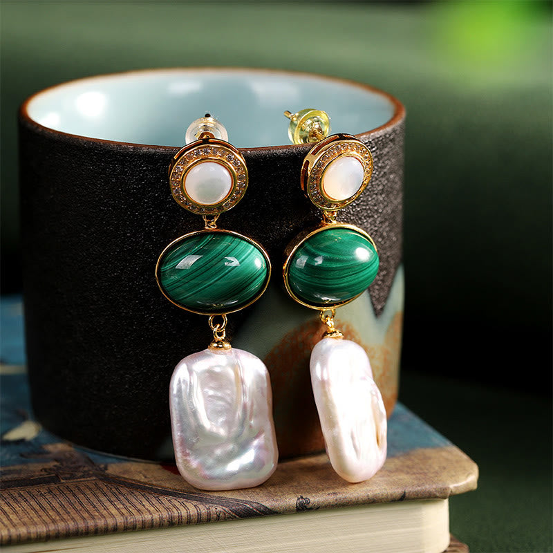 KarmaRipple's 925 Sterling Silver Authentic Baroque Pearl Malachite Balancing Wisdom Drop Earrings p2
