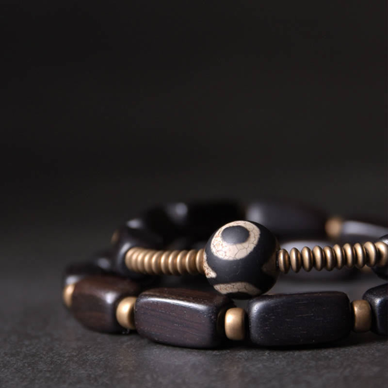 KarmaRipple's Tibet Ebony Wood Dzi Bead Bronze Balance Double Wrap Bracelet p3