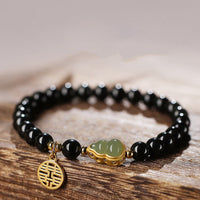 KarmaRipple's Authentic Black Obsidian Hetian Jade Gourd Double Happiness Strength Bracelet