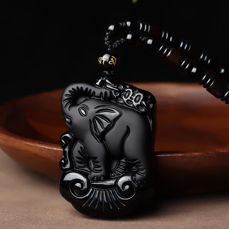 KarmaRipple's Black Obsidian Elephant Protection String Pendant Necklace Key Chain p1