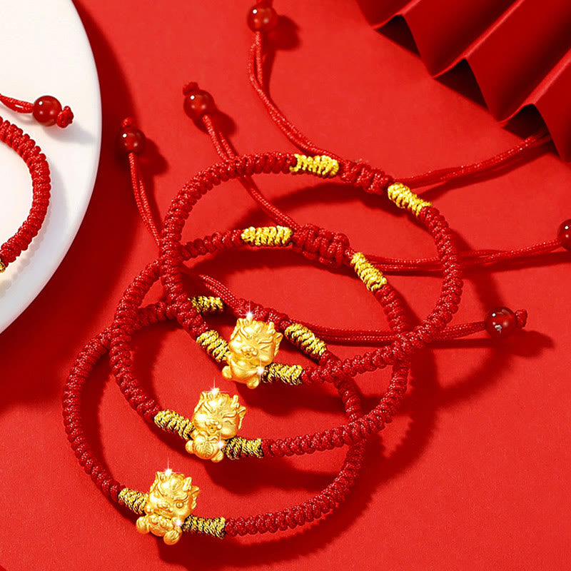KarmaRipple's 999 Sterling Silver Year of the Dragon Bronze Coin Fortune Dragon Fu Character Fortune Handcrafted Red String Woven Bracelet ( p10
