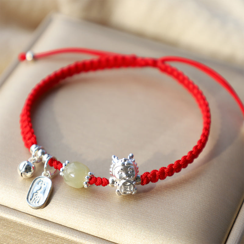KarmaRipple's Handmade Year Of The Dragon 999 Sterling Silver Hetian Jade Bronze Coin Peace And Joy Protection Bracelet p1