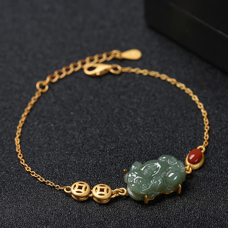 KarmaRipple's Cyan Jade PiXiu Bronze Coin Red Agate Success Chain Bracelet p5