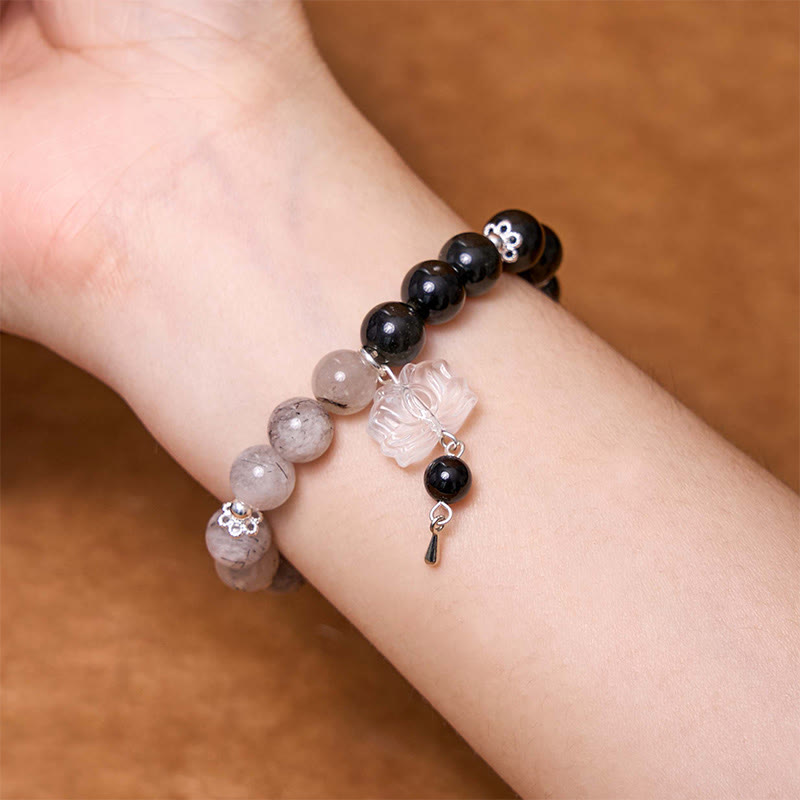 KarmaRipple's Silver Sheen Obsidian Crackle Clear Quartz Black Rutilated Quartz Yin Yang Lotus Protection Bracelet p18