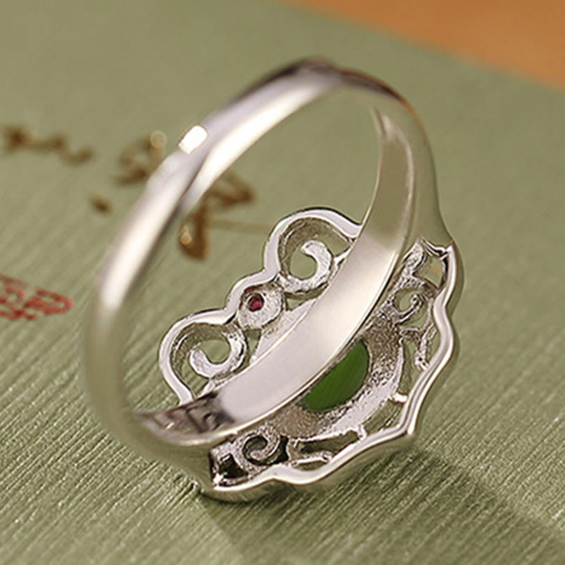 KarmaRipple's 925 Sterling Silver Authentic Hetian Cyan Jade Hollow Design Fortune Ring Earrings Set p6
