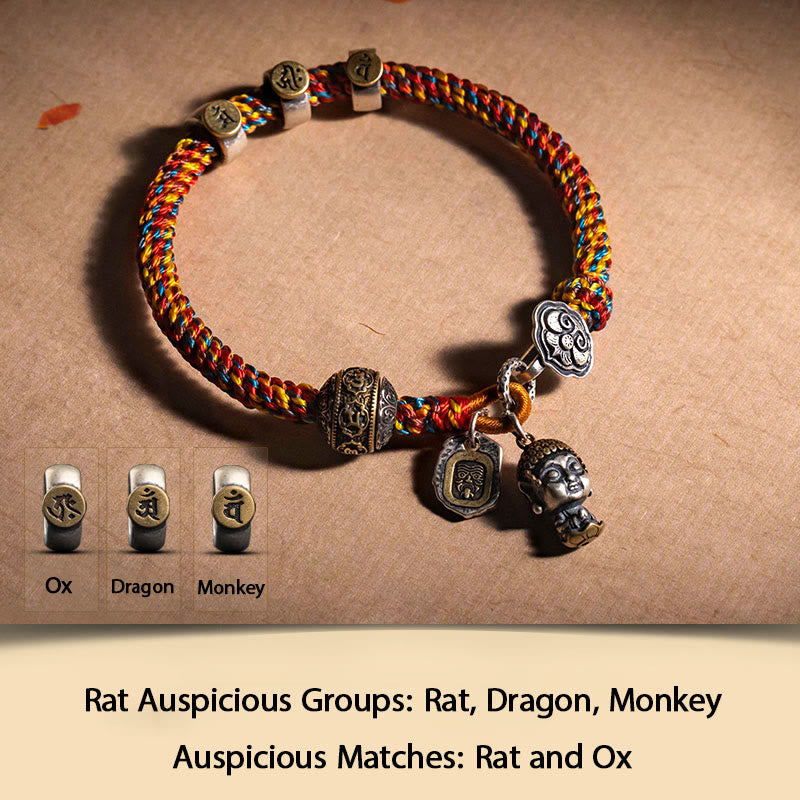 KarmaRipple's Handmade Tibetan 925 Sterling Silver Chinese Zodiac Natal Buddha Zakiram Goddess of Wealth Protection Multicolored Rope Woven Bracelet p1