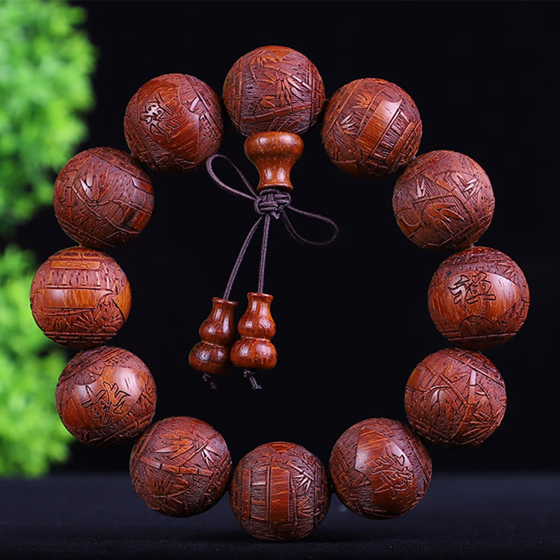 KarmaRipple's Chinese Zodiac Rosewood Ebony Boxwood Bronze Coin PiXiu Carved Warmth Bracelet p56