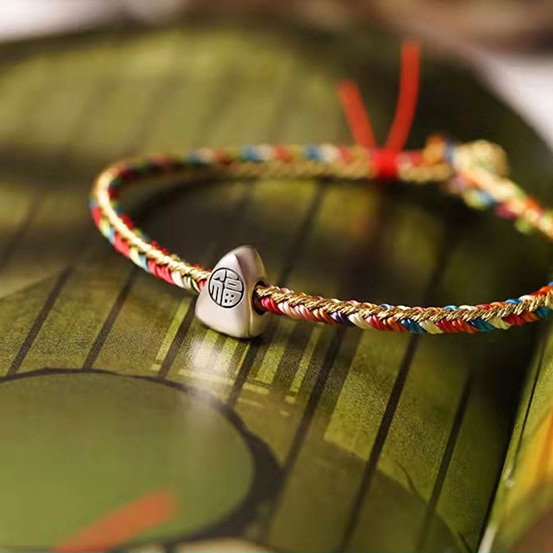 KarmaRipple's 925 Sterling Silver Fu Character Zongzi Pattern Multicolored String Fortune Handmade Woven Bracelet p5
