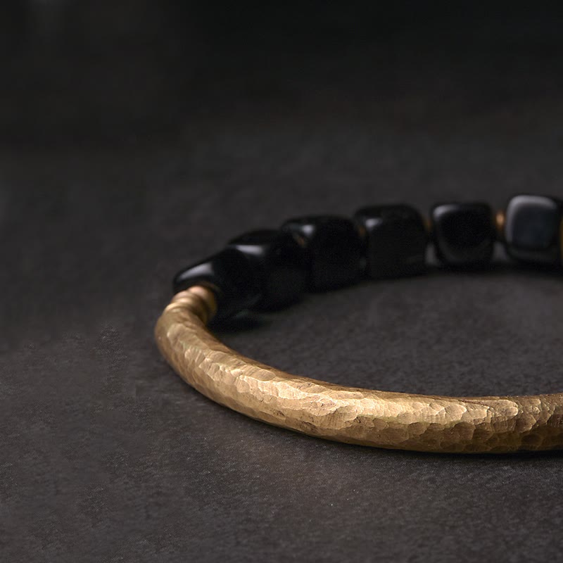 KarmaRipple's Black Obsidian Gemstone Bronze Strength Pair Bracelet p5