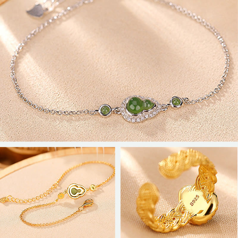 KarmaRipple's 925 Sterling Silver Plated Gold Authentic Hetian Cyan Jade Gourd Fortune Bracelet Ring Set p12