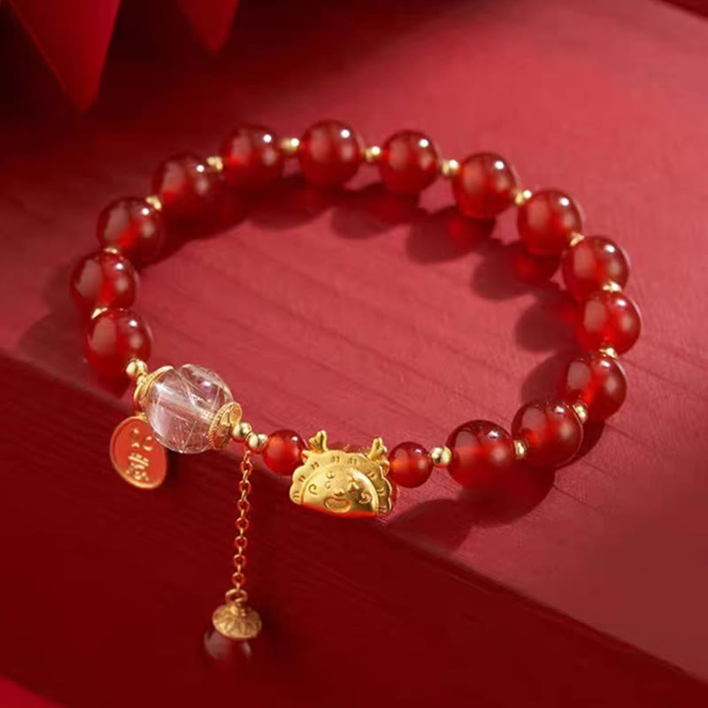 KarmaRipple's Year of the Dragon Dumpling Authentic Red Agate Garnet Hetian Jade Fu Character Fortune Success Bracelet p10