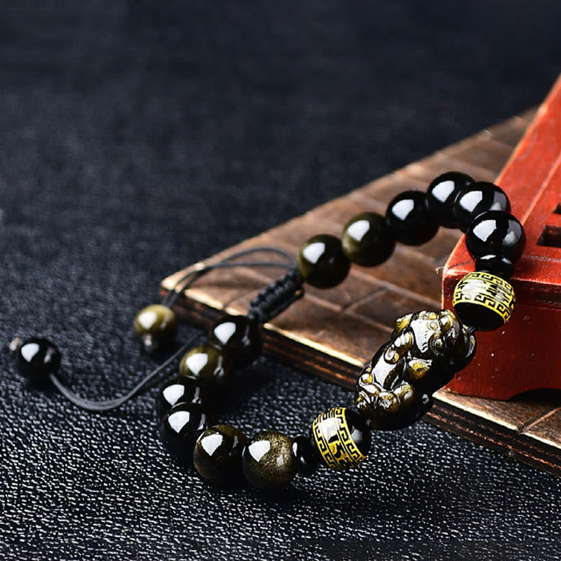 KarmaRipple's Authentic Gold Sheen Obsidian PiXiu Om Mani Padme Hum Wealth Woven Bracelet p6