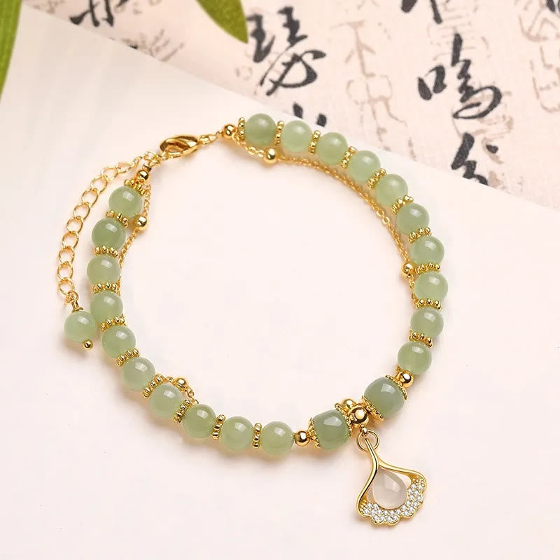 KarmaRipple's Jade Leaf Ginkgo Tulip Peanut Fu Character Fortune Beaded Bracelet p25