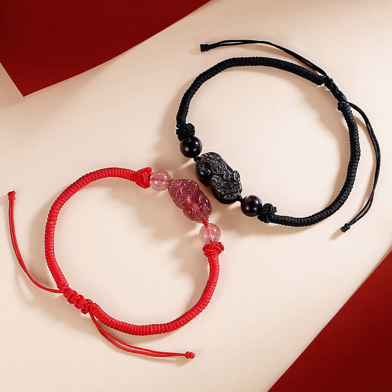 KarmaRipple's Handmade Authentic Silver Sheen Obsidian Strawberry Quartz PiXiu Protection Woven Bracelet p8
