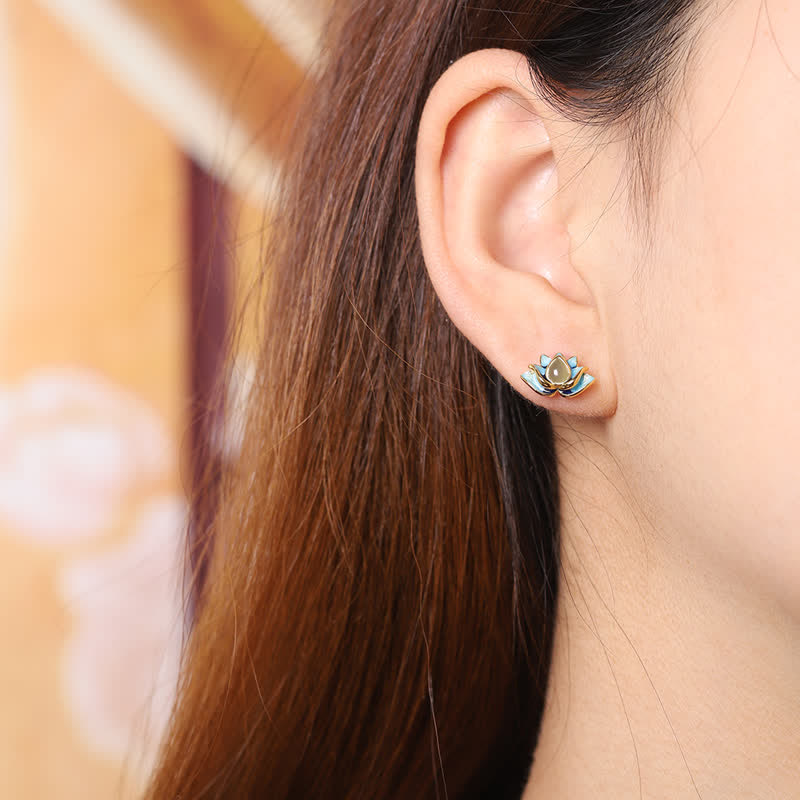 KarmaRipple's 925 Sterling Silver Hetian Cyan Jade Lotus Flower Success Earrings p2
