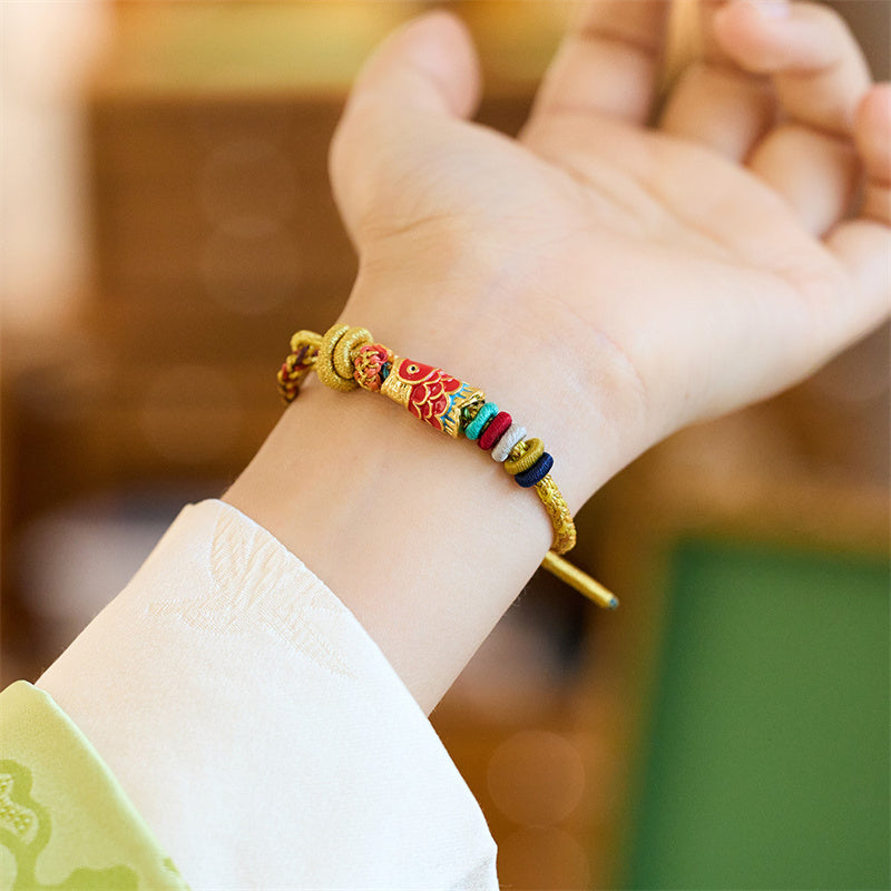 KarmaRipple's Year of the Dragon Koi Fish Mahjong Dice Peach Blossoms Bronze Coin Fortune Woven Bracelet p2