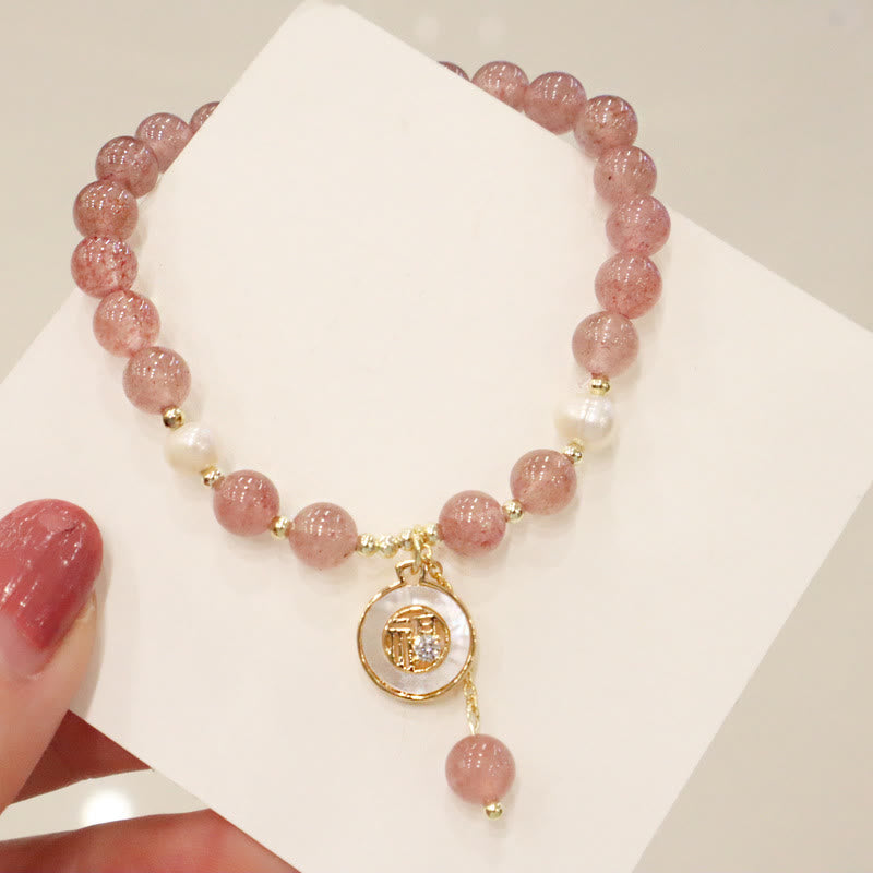 KarmaRipple's Strawberry Quartz Pearl Elk Smiley Face Fishtail Fu Character Talisman Balancing Bracelet p12