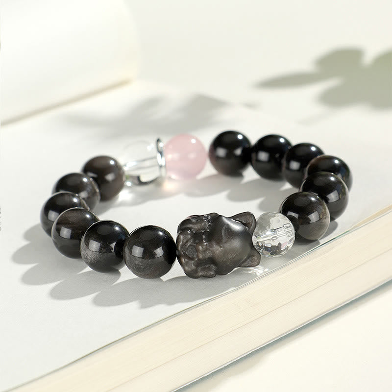 KarmaRipple's Authentic Silver Sheen Obsidian Cat Head Fox Planet Protection Bracelet p7